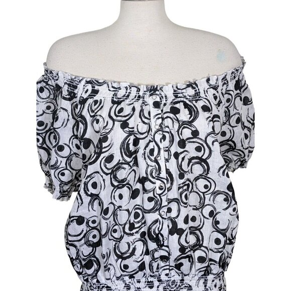 Marina Luna NEW Linen Top Womens 2X Black White Geometric Print Puff Sleeve Boho - Picture 3 of 7